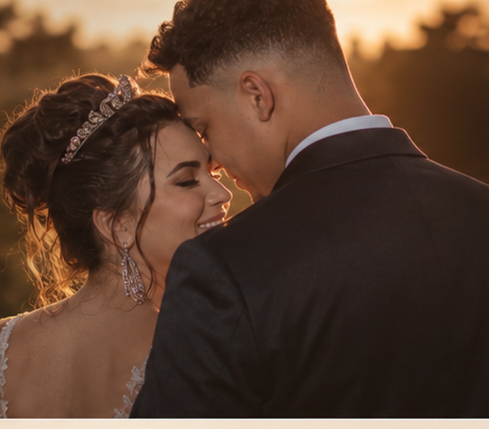 Casal em ensaio romântico ao pôr do sol